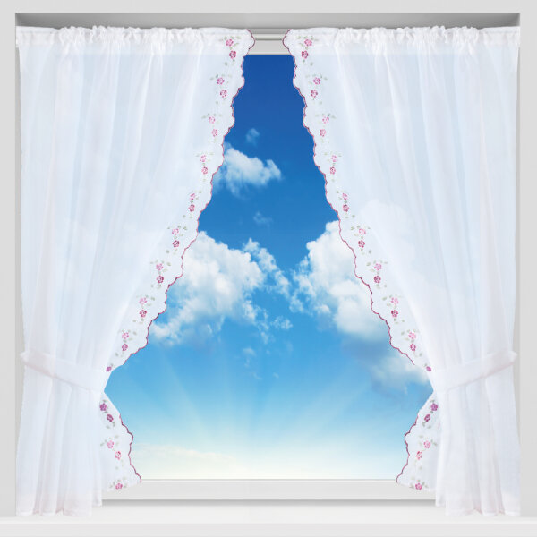 Gardinenset mit Stangendurchzug "Satin" 140x120 cm - Weinrot Blumen bestickt